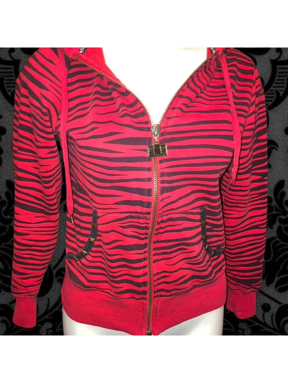 Abbey Dawn zebra print zip up hoodie w boombox zipper pull